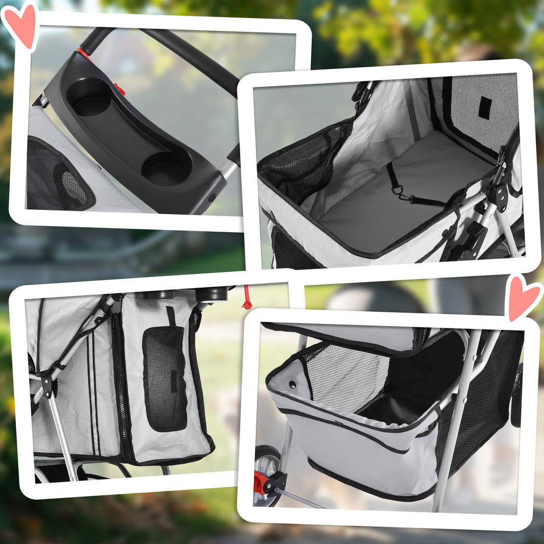 MCL Pet Stroller for Small Miniature Dogs Cats Foldable Travel Carriage with Wheels Zipper Entry Cup Holder Storage Basket Grey