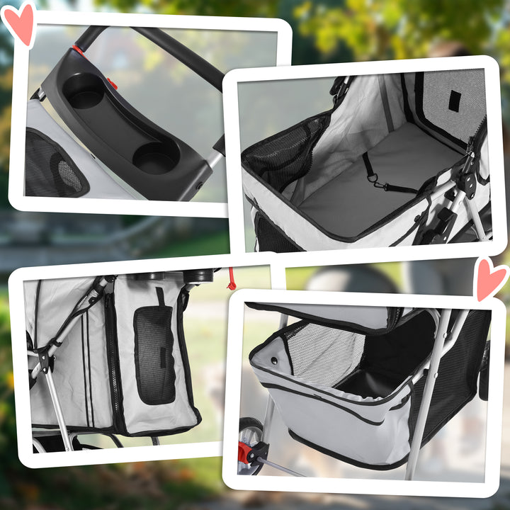 Pet Stroller for Small Miniature Dogs Cats Foldable Travel Carriage with Wheels Zipper Entry Cup Holder Storage Basket Grey