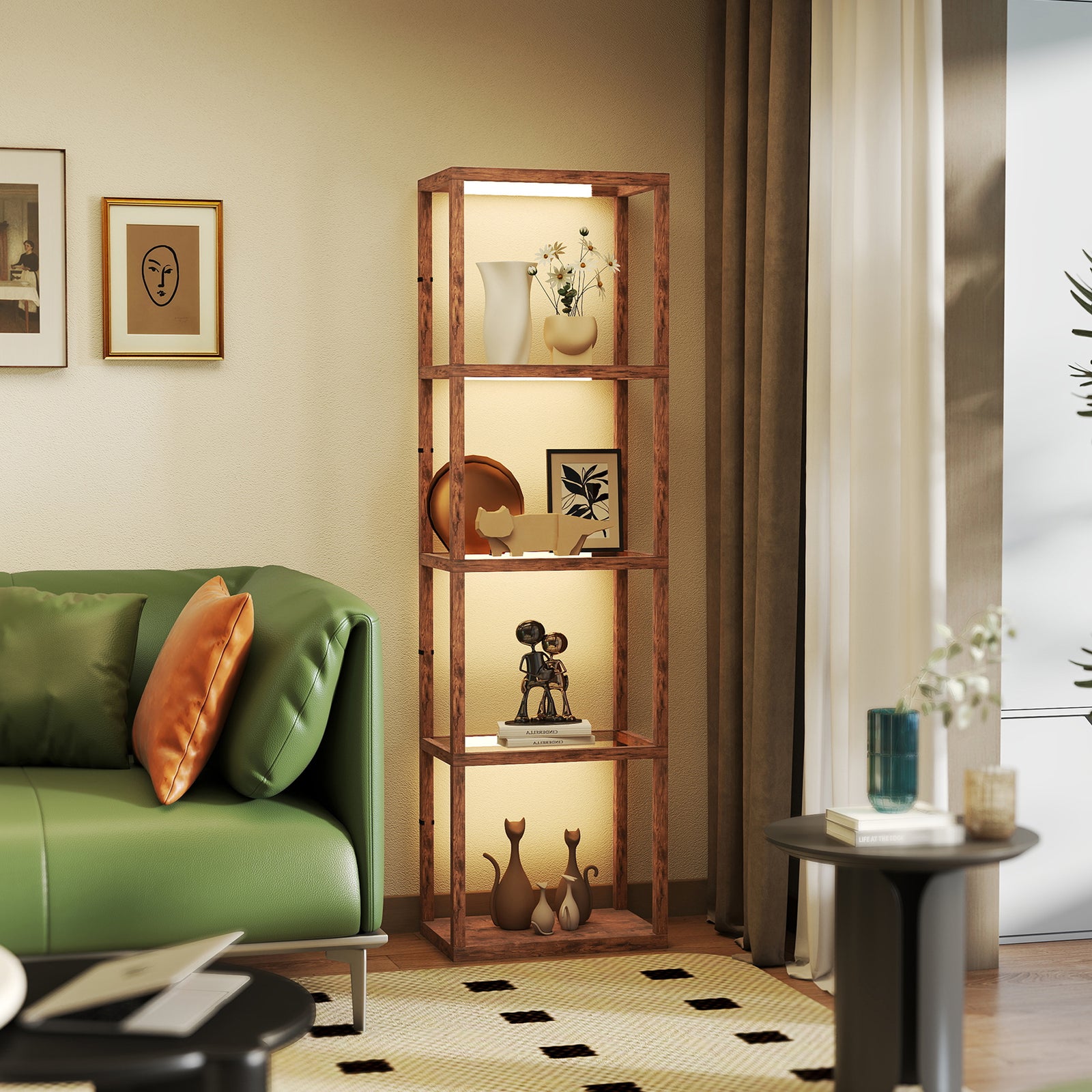 LED Floor Lamp with Glass Shelves, 4 Layers Dimmable Tall Standing Lamp, Modern Column Shelf Floor Light for Living Room, Bedroom, Office, Rustic Brown