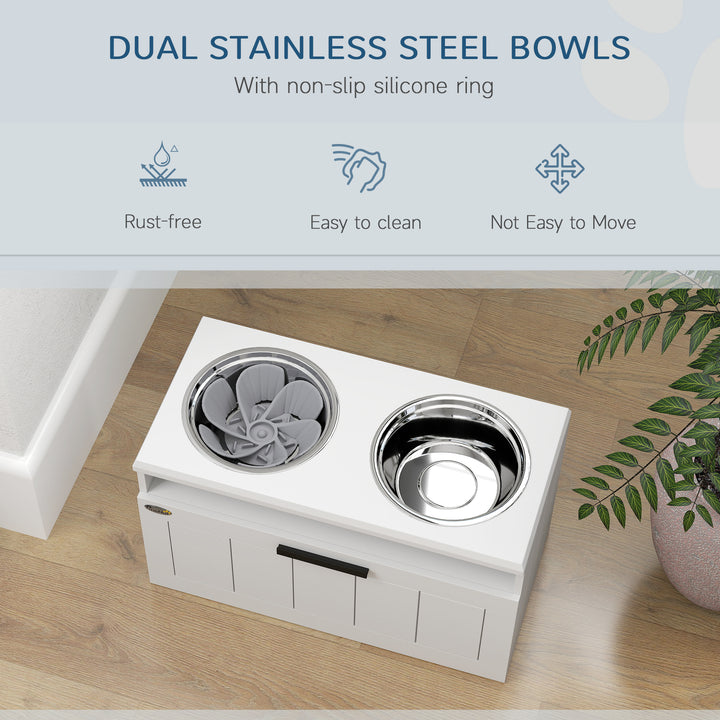Raised Dog Bowl with Slow Feeder, Two Stainless Steel Dog Bowls, Drawer, for Large and Extra Large Dogs, White