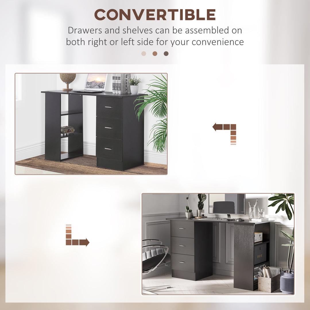 MCL Computer Desk, Writing Table, PC Workstation with 3 Storage Shelves and Drawers, Silver Handle, for Home Office, Black