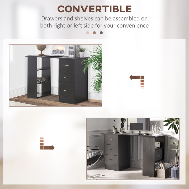 Computer Desk, Writing Table, PC Workstation with 3 Storage Shelves and Drawers, Silver Handle, for Home Office, Black