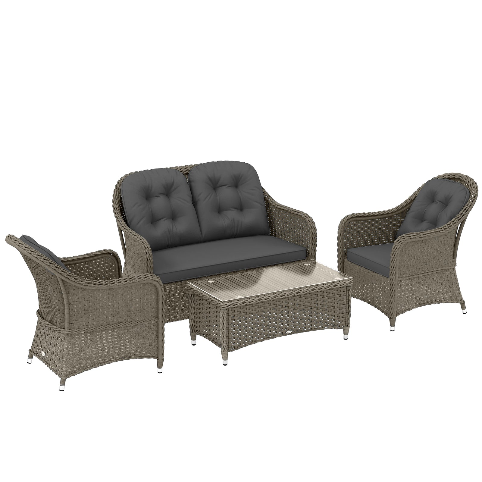 Four-Piece Rattan Sofa Set, with Glass-Top Table - Light Grey