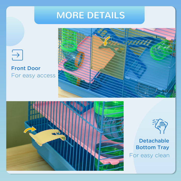 5 Tier Hamster Cage Carrier Habitat with Exercise Wheels Tunnel Tube Water Bottle Dishes House Ladder for Dwarf Mice, Blue