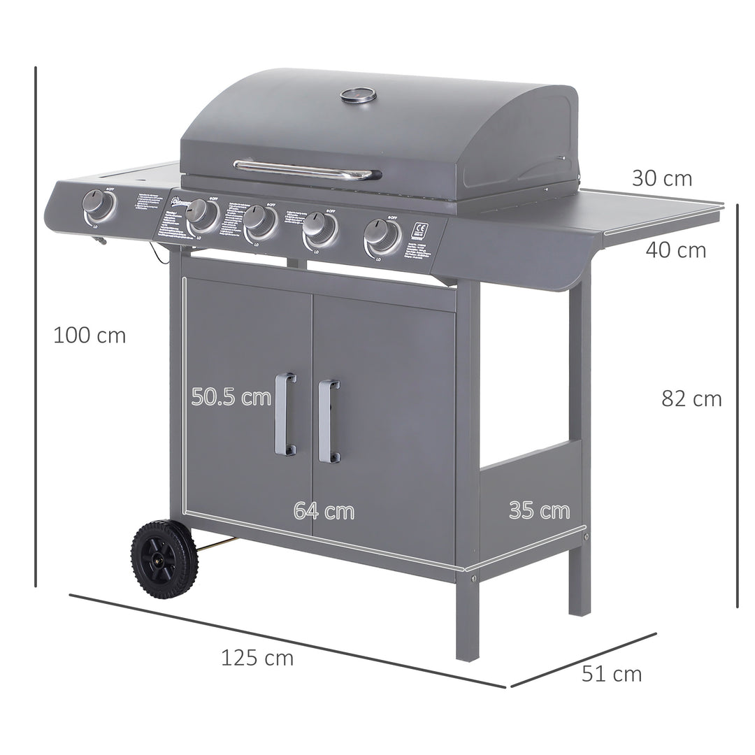 4+1 Burner Gas BBQ Grill, Outdoor Barbecue Trolley with Wheels, Warmin