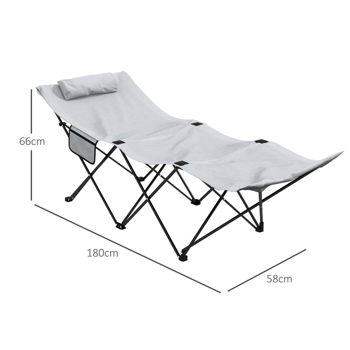 Camping Bed for Adults, Single Folding Camp Bed, Portable Camping Cot with Side Pocket, Headrest and Oxford Seat for Outdoor, Travel, Fishing, Light Grey