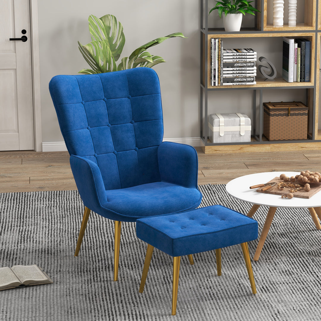 HOMCOM Upholstered Armchair w/ Footstool Set, Modern Button Tufted Accent Chair w/ Gold Tone Steel Legs, Wingback Chair, Dark Blue | Aosom UK