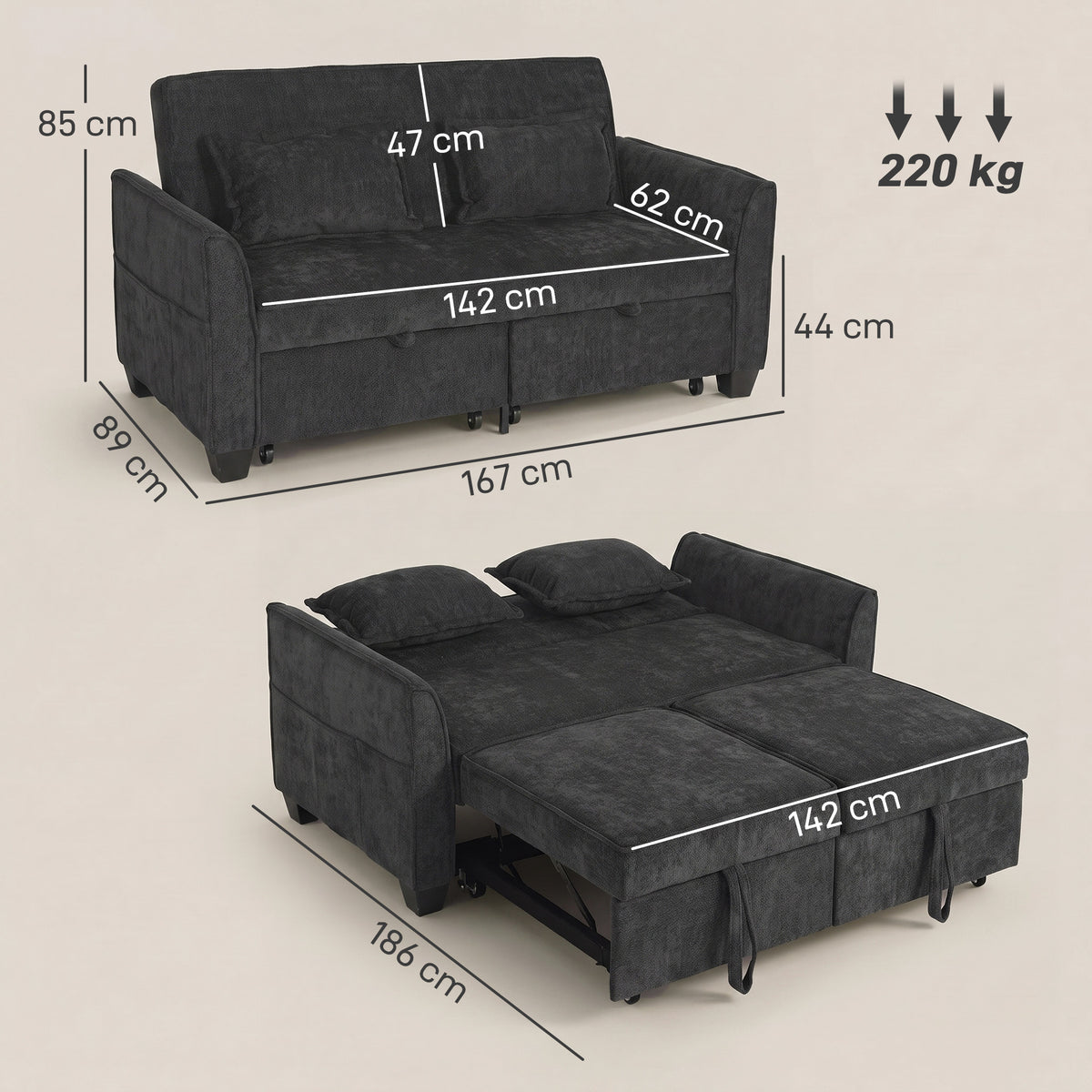 2 Seater Sofa Bed, 4-in-1 L-Shaped Convertible Pull-Out Sleeper Sofa w