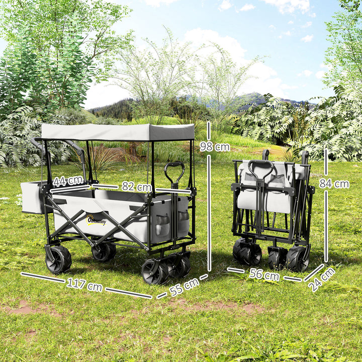 Folding Trolley Cart Storage Wagon Beach Trailer 4 Wheels with Handle Overhead Canopy Cart Push Pull for Camping, Grey