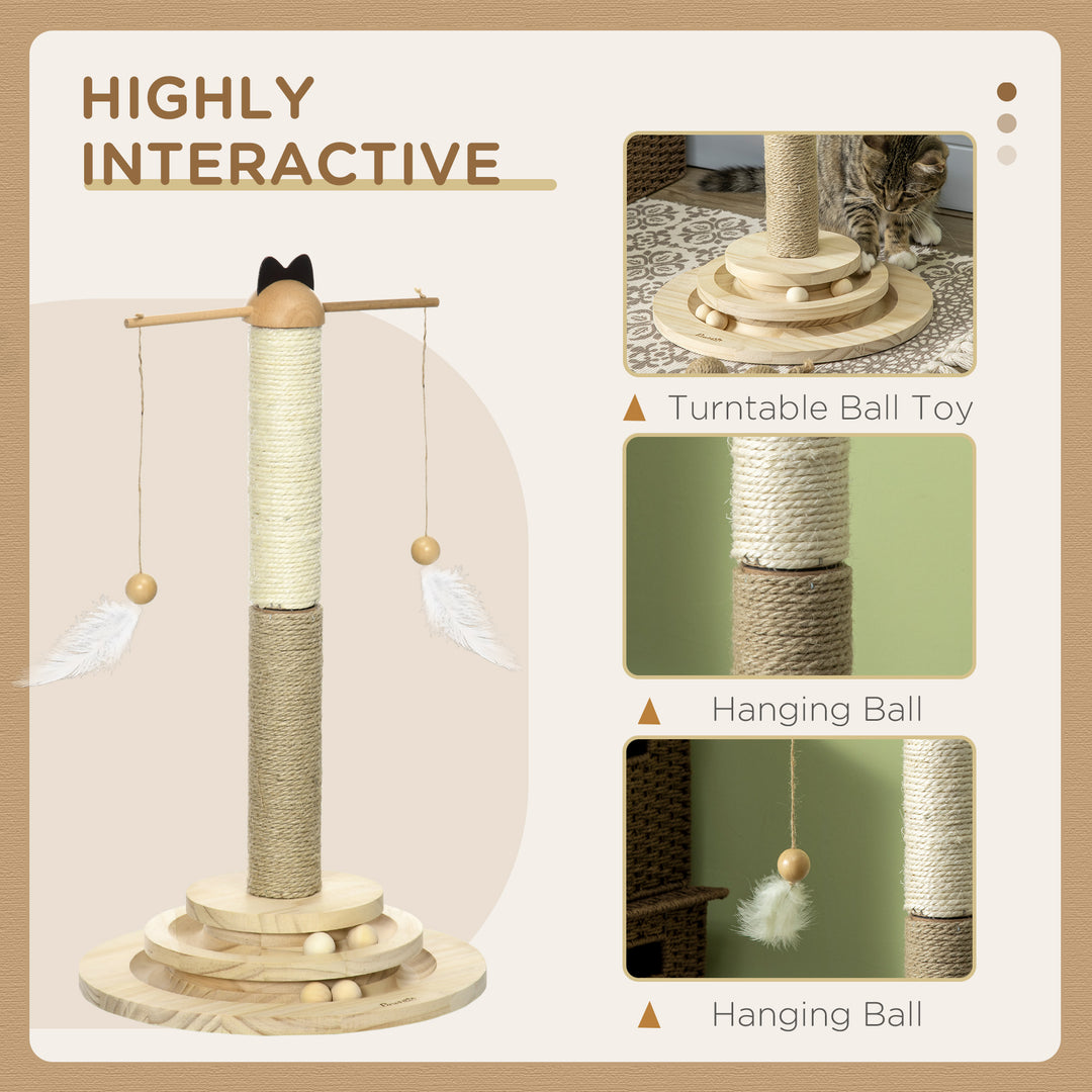 Cat Tree, with Scratching Post, Turntable Toy Ball - Natural Finish