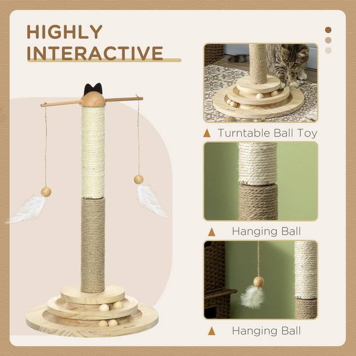 Cat Tree, with Scratching Post, Turntable Toy Ball - Natural Finish
