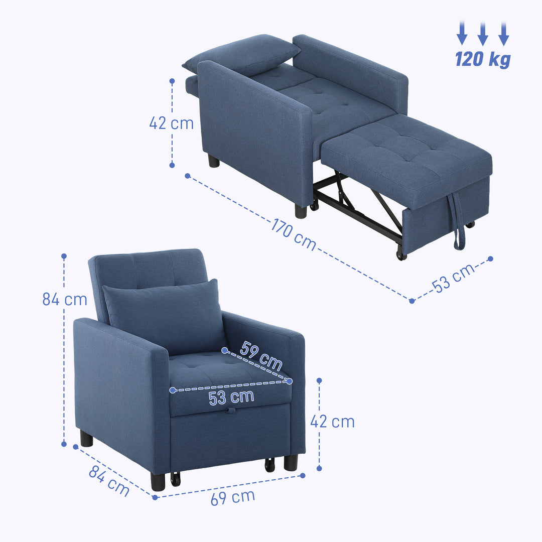 3-In-1 Chair Bed, Convertible Sleeper Chair with Adjustable Backrest, Pillow and Footrest for Living Room, Blue