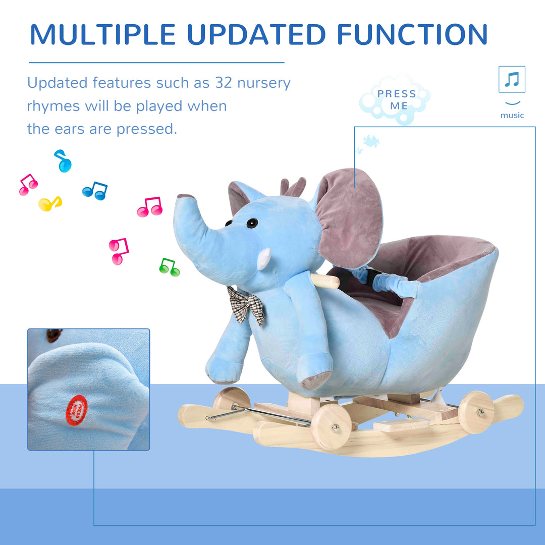 MCL 2 In 1 Plush Baby Ride on Rocking Horse Elephant Rocker with Wheels Wooden Toy for Kids 32 Songs for 18+ Months (Blue)