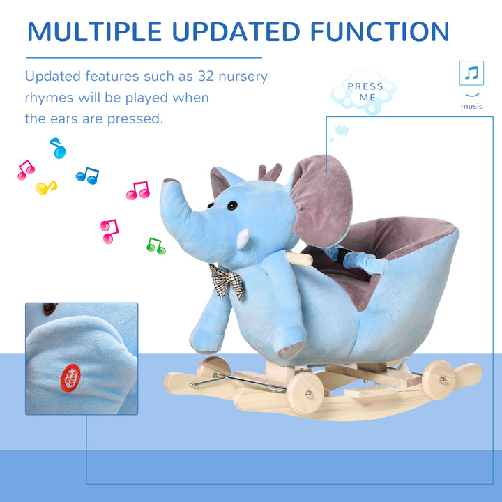 MCL 2 In 1 Plush Baby Ride on Rocking Horse Elephant Rocker with Wheels Wooden Toy for Kids 32 Songs for 18+ Months (Blue)