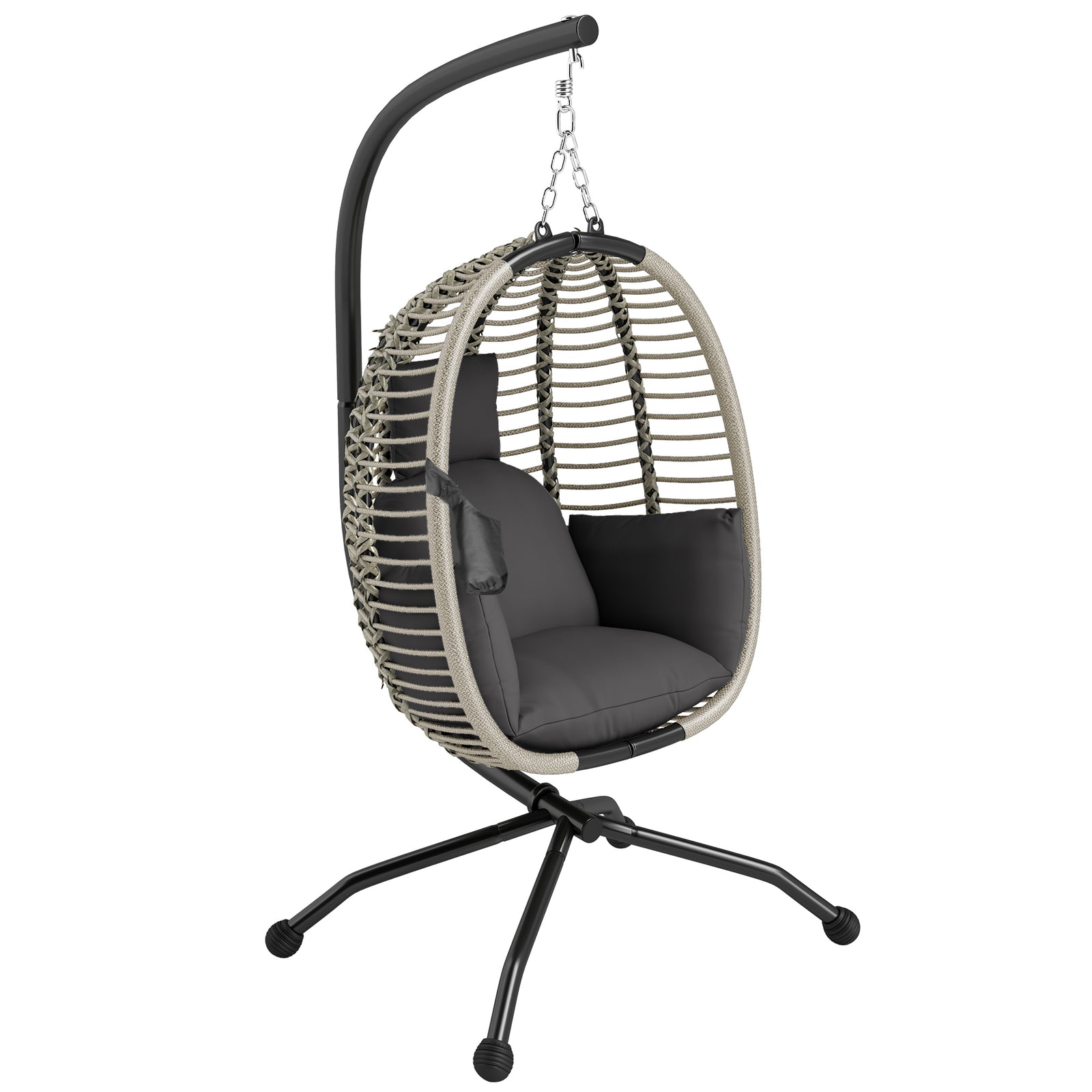 Outdoor Swing Chair with Thick Padded Cushion, Patio Hanging Egg Chair with Metal Stand, Foldable Basket, Cup Holder, Rope Structure for Indoor & Outdoor, Dark Grey