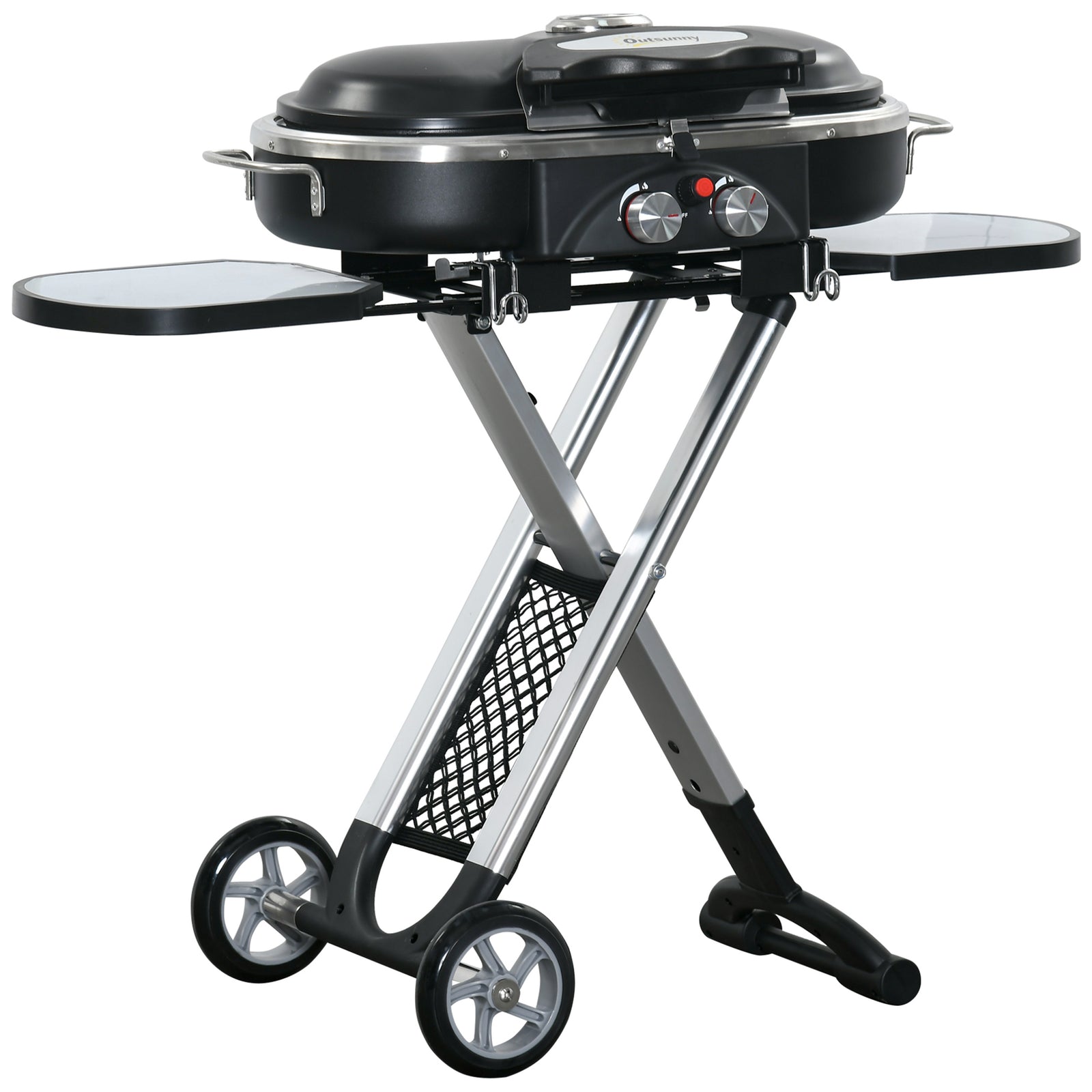 Foldable Gas BBQ Grill 2 Burner Garden Barbecue Trolley w/ Lid Side Shelves Storage Pocket Piezo Ignition Thermometer, Aluminium Alloy