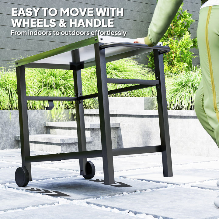 Outdoor Grill Dining Cart 2-Shelf Movable Pizza Oven Table Stand with Stainless Steel Top, Portable BBQ Trolley Food Prep Outdoor Kitchen BBQ Station with Hooks Wheels Handle, Charcoal Grey
