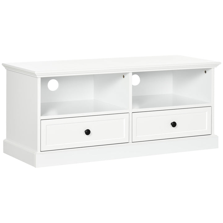 Modern TV Unit Cabinet for TVs up to 45 Inches, TV Stand with Drawers, Open Shelves, Cable Holes for Living Room, White
