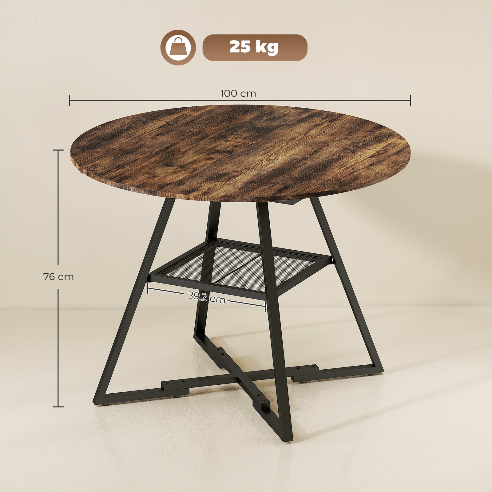 Dining Table for 4 People, 100 cm Round Industrial Kitchen Table with 