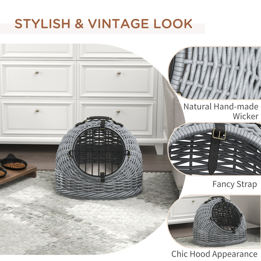 Wicker Pet Carrier Basket Cat Kitten Bed Portable Travel Cage w/ Soft Cushion Handle Grey 50 x 40 x 40 cm