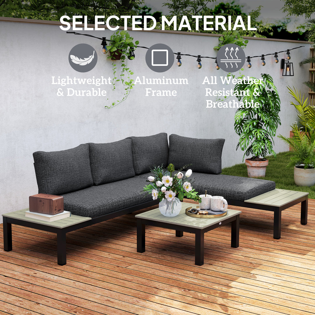 3 Pieces Garden Furniture Set, Aluminium 4 Seater Corner Sofa Set with 2 Loveseats, Coffee Table and Side Trays, Outdoor Conversation Furniture with Cushions for Garden, Dark Grey