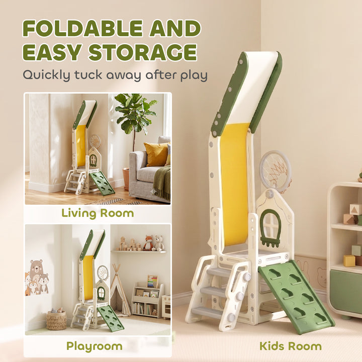 Foldable 5 in 1 Toddler Slide with Ladder, Climbing Wall, Basketball H