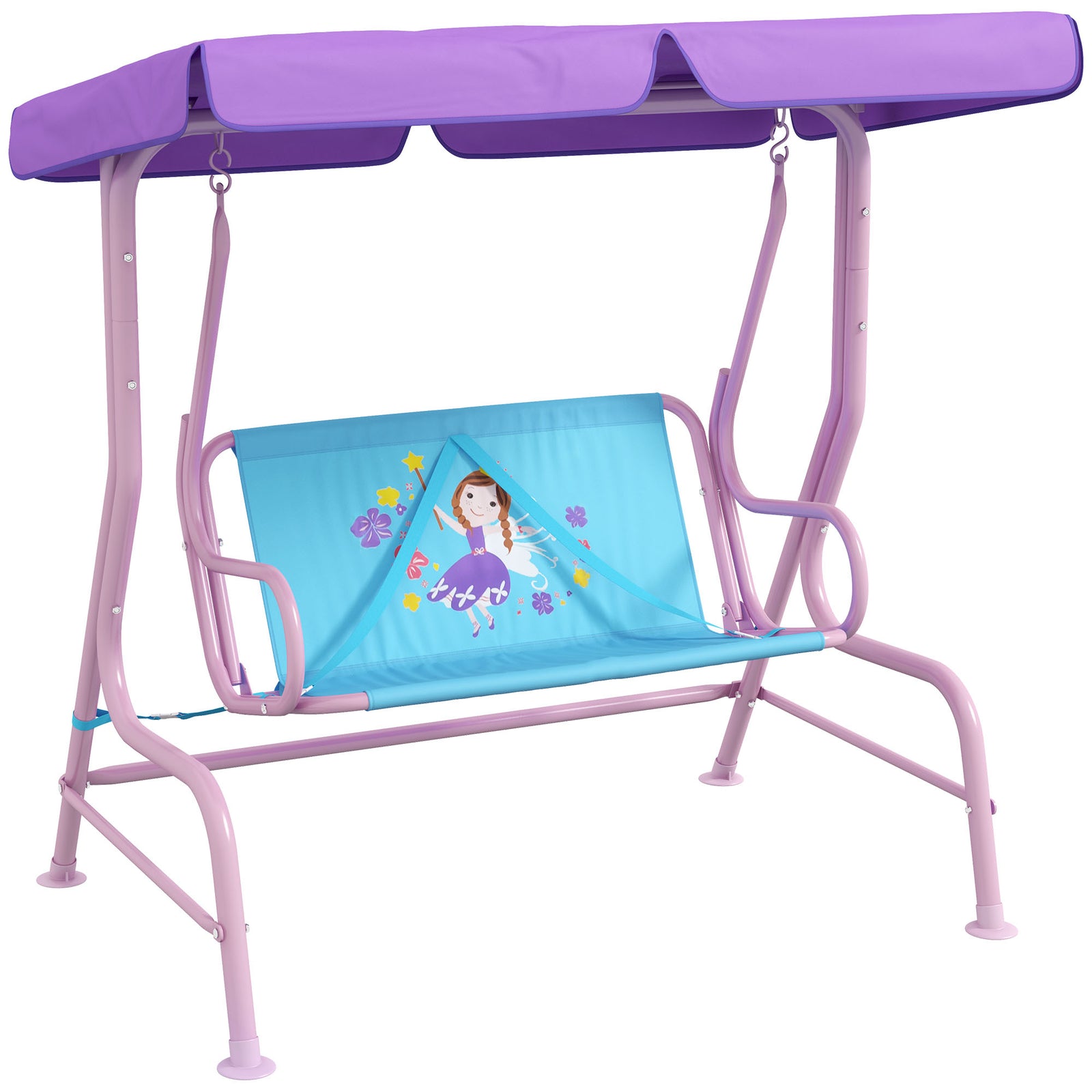 Two Seater Kids Garden Swing, Fairy Themed kids Swing Chair with Adjustable Canopy, Safety Belts for Outdoor Use