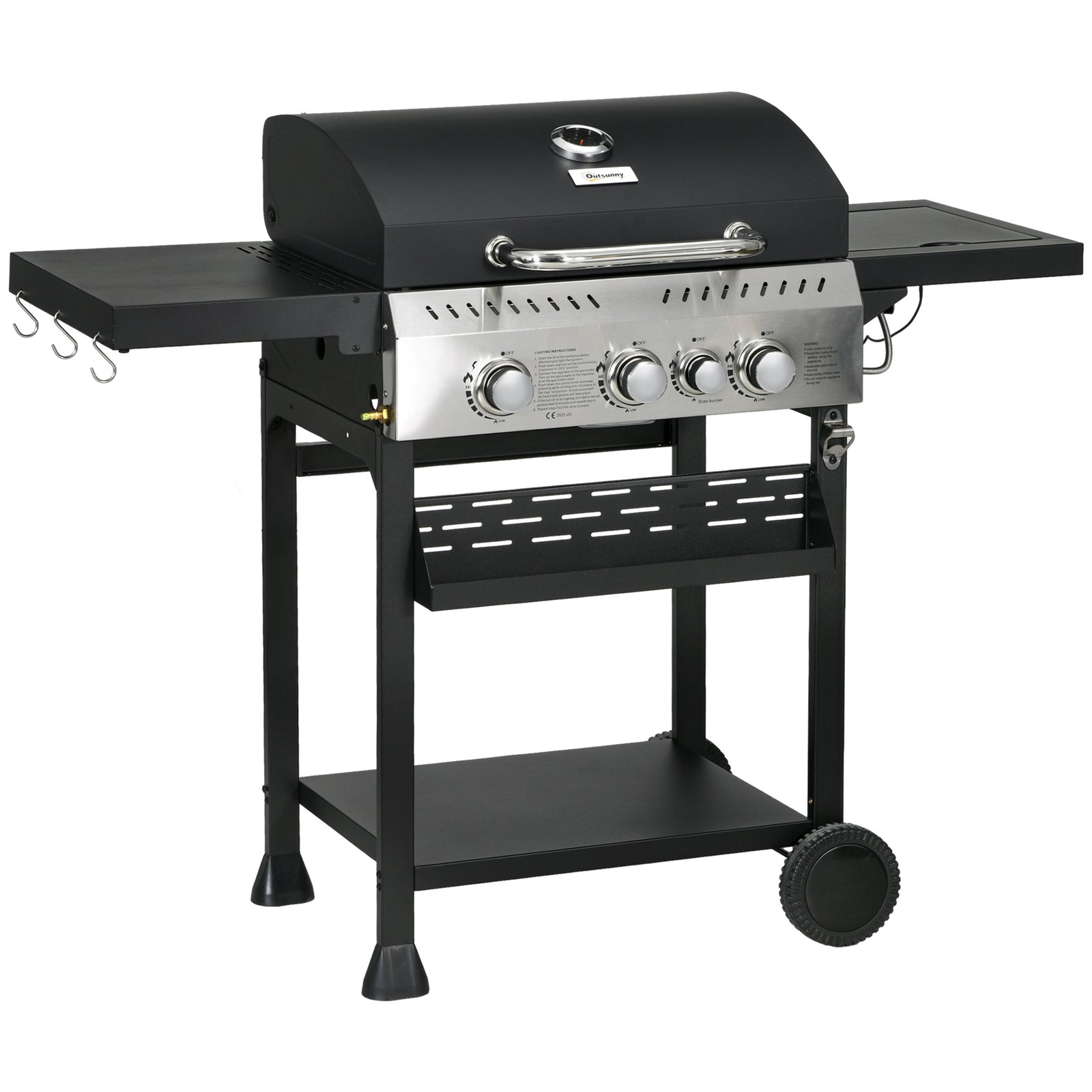 Four-Burner Steel Gas Grill, with Thermometer - Black