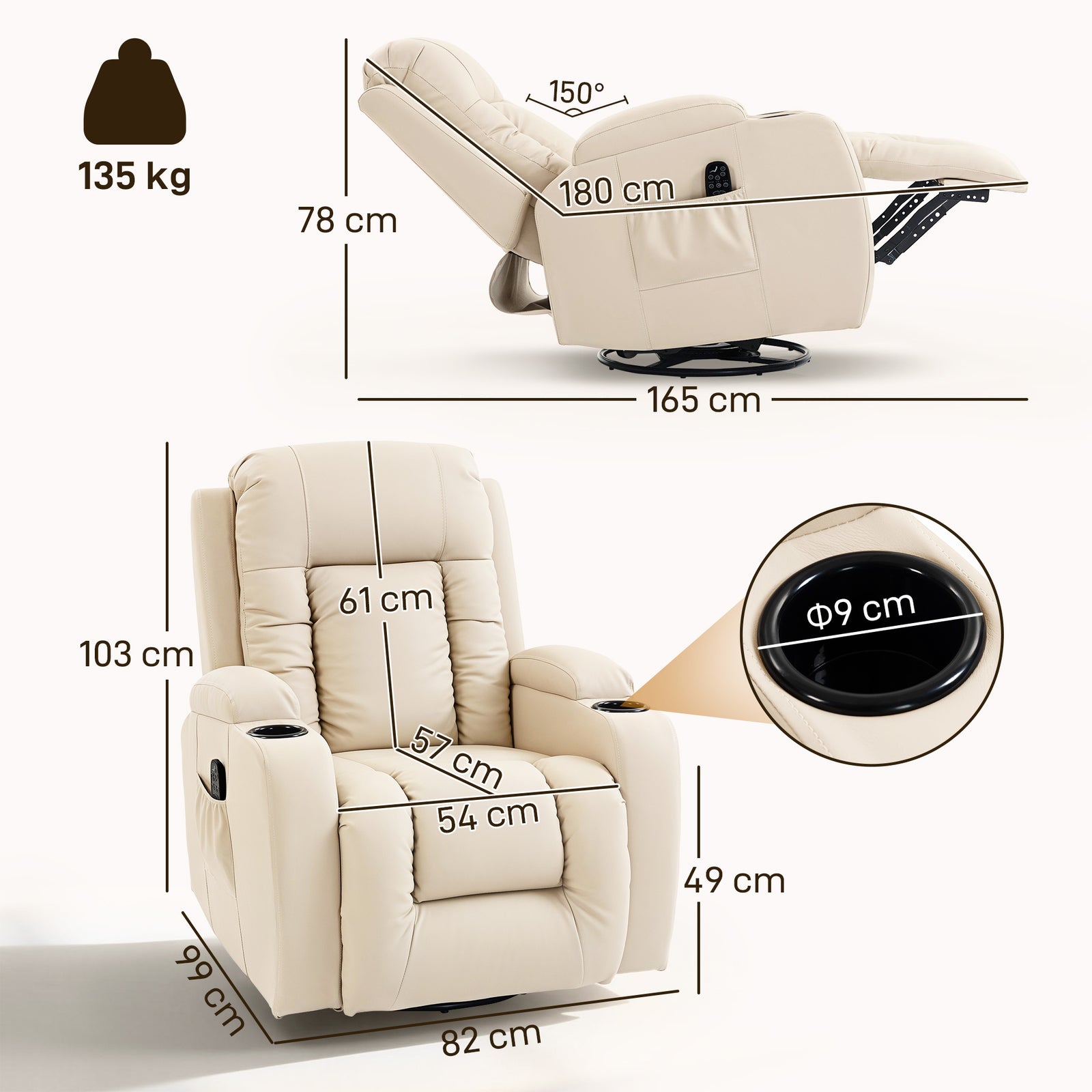 PU Leather Recliner Chair, Recliner Armchair with Extended Footrest, C