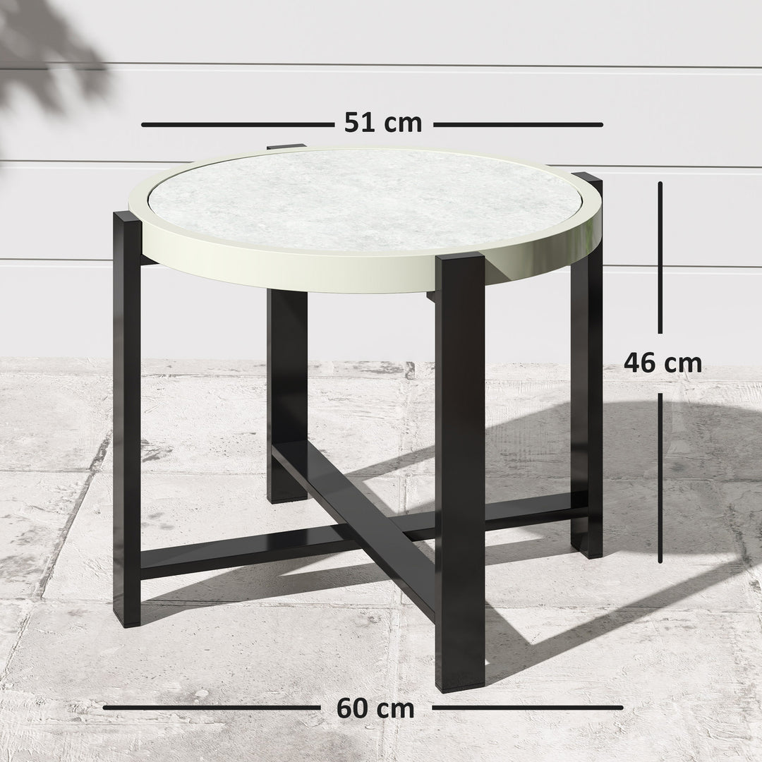 Round Small Garden Table, 60cm Outdoor Side Table with Faux Marble Tempered Glass Top, Aluminium Frame for Garden, Patio, Balcony, Light Grey