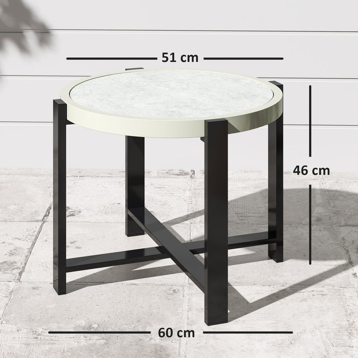 Round Small Garden Table, 60cm Outdoor Side Table with Faux Marble Tempered Glass Top, Aluminium Frame for Garden, Patio, Balcony, Light Grey