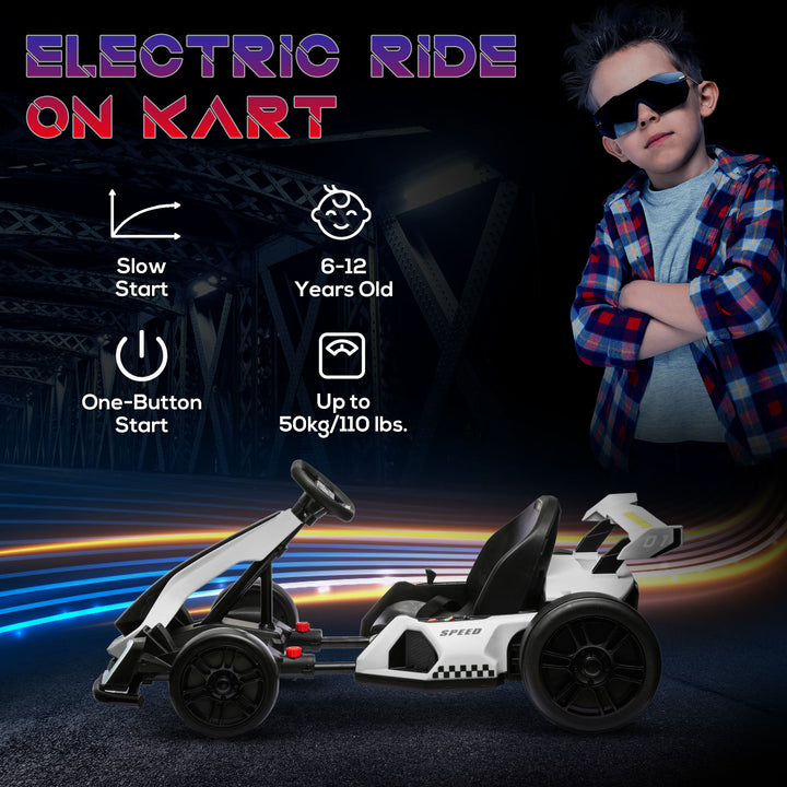 HOMCOM 24V Electric Go Kart for Kids with Adjustable Seat for 6-12 Years Old, White