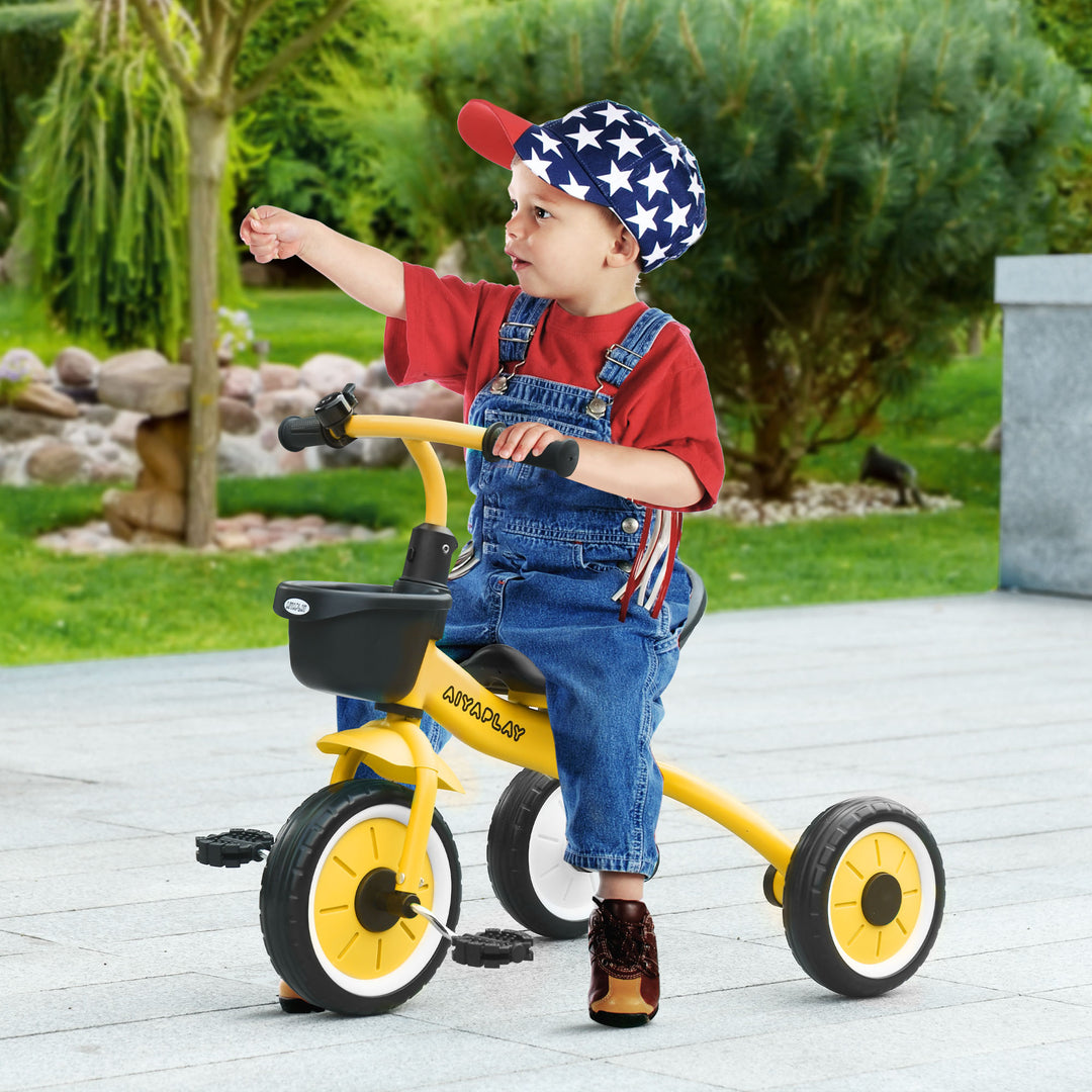 AIYAPLAY Toddler Trike: Adjustable Seat, Storage Basket & Bell, Durable Tricycle for 2-5 Years, Sunny Yellow | Aosom UK