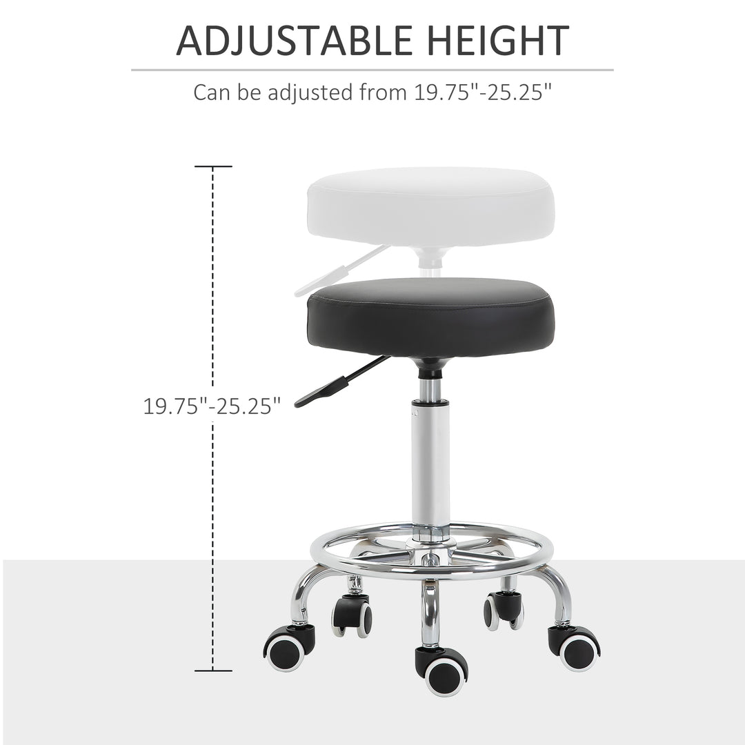 Round Rolling Stool, PU Leather Height Adjustable Stool Chair with Wheels and Swivel Seat for Salon, Massage, Spa, Home Kitchen, Black
