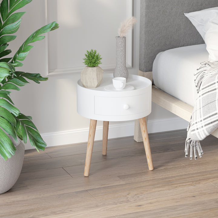 Modern Side Table, Small Coffee Table, Round Bedside Table with Drawer and Wood Legs for Living Room, Bedroom, Set of 2, White