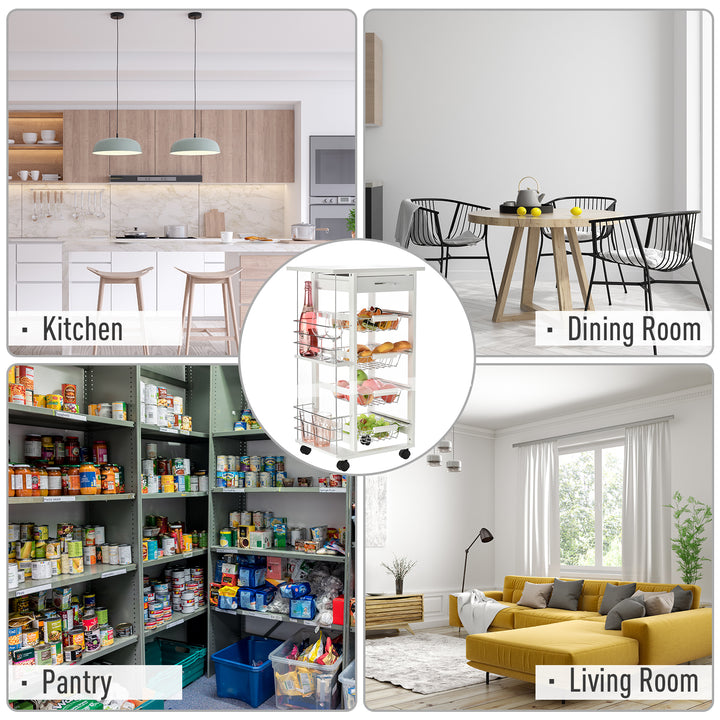 MCL Rolling Kitchen Cart, Utility Storage Cart with 4 Basket Drawers & Side Racks, Wheels for Dining Room, White