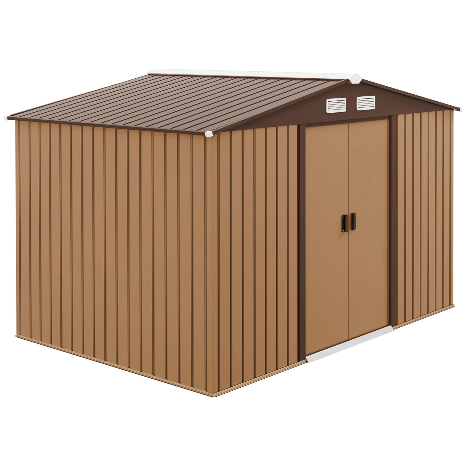 9 x 6ft Metal Garden Shed, Outdoor Storage Tool House with Ventilation Slots, Foundation Kit and Lockable Double Doors, Light Brown
