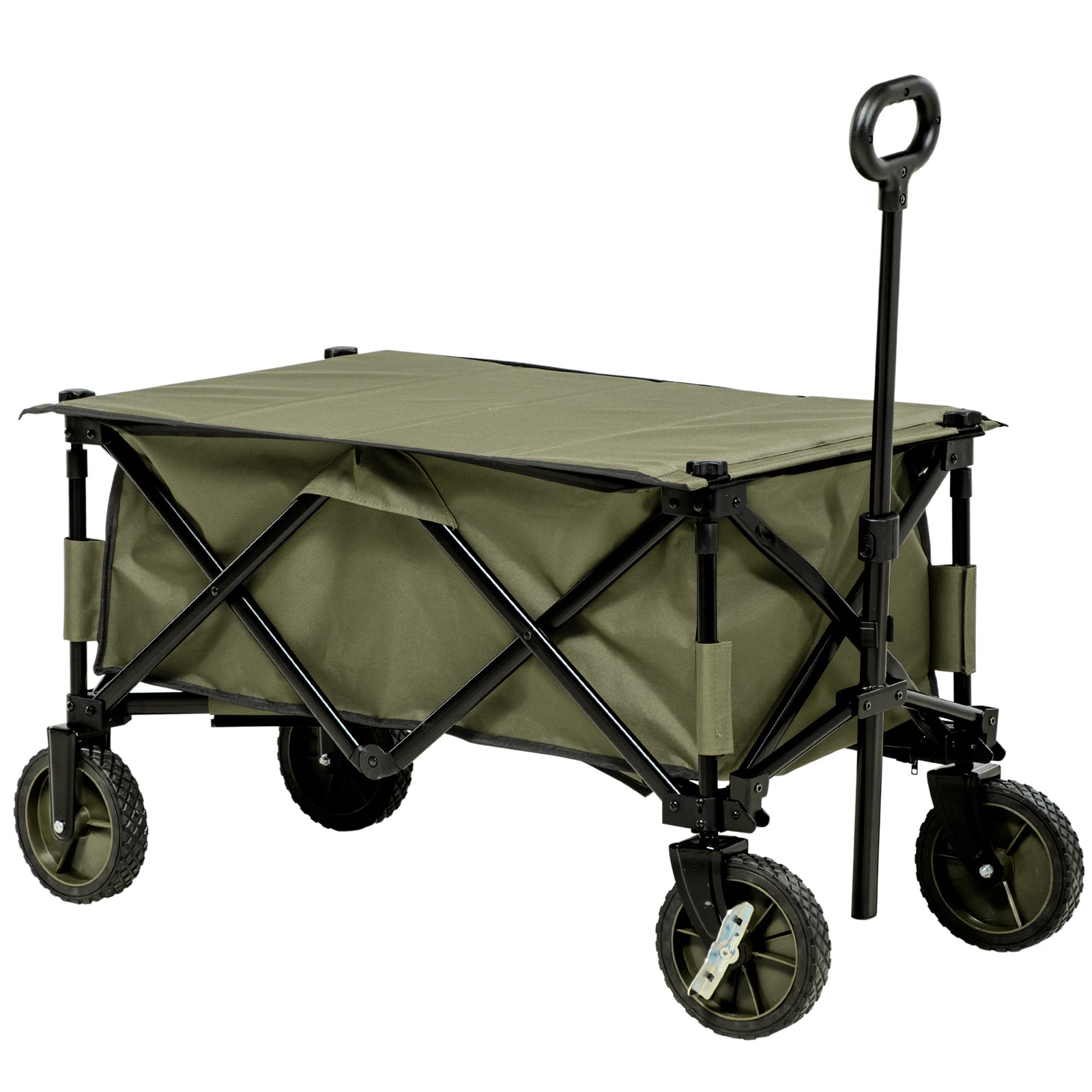 Folding Garden Trolley, Cargo Trailer on Wheels, Collapsible Camping Trolley with Folding Board, Outdoor Utility Wagon with Steel Frame and Oxford Fabric, Green