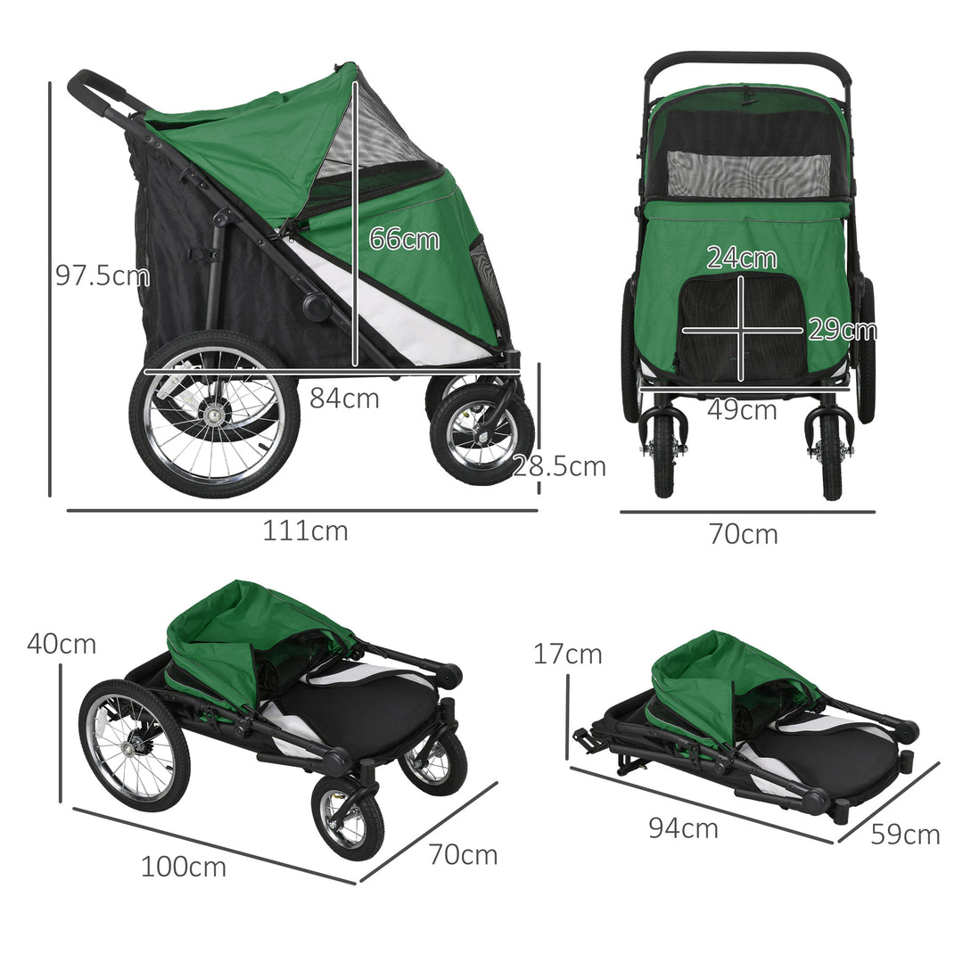 Foldable Pet Stroller, with Washable Cushion, Storage Bags, Safety Leash, for Medium, Large Dogs, Cats - Green