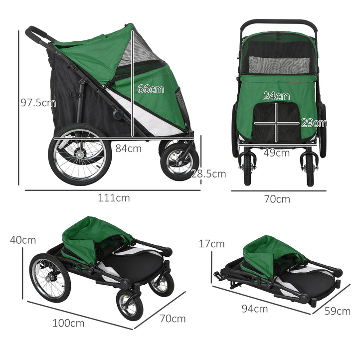 Foldable Pet Stroller, with Washable Cushion, Storage Bags, Safety Leash, for Medium, Large Dogs, Cats - Green