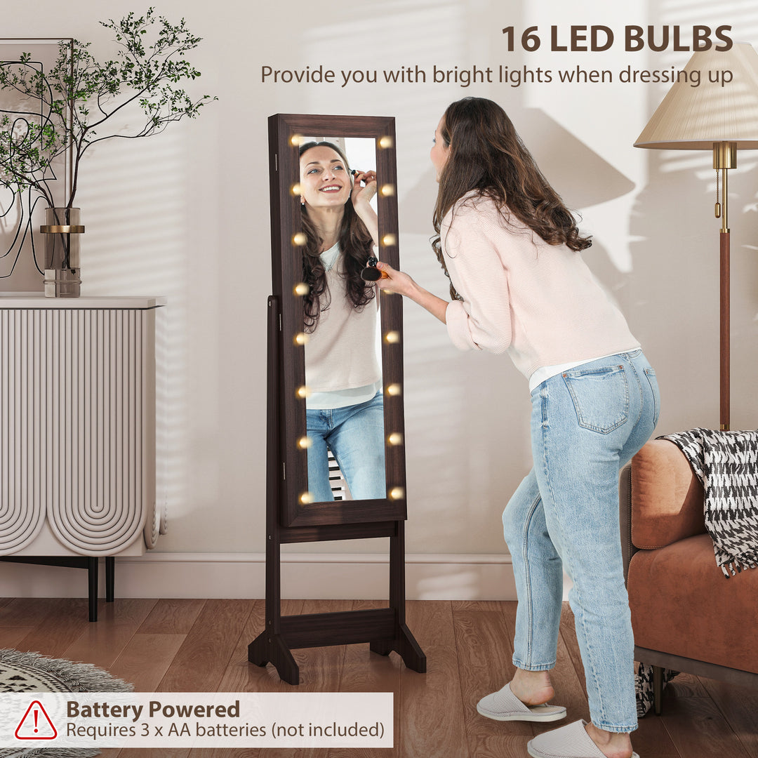 Freestanding Mirror Jewelry Cabinet with LED Lights, Jewellery Organiser with 3 Angle Adjustable, Full-Length Mirror with Storage for Earrings, Necklaces, Rings and Lipsticks, Dark Brown