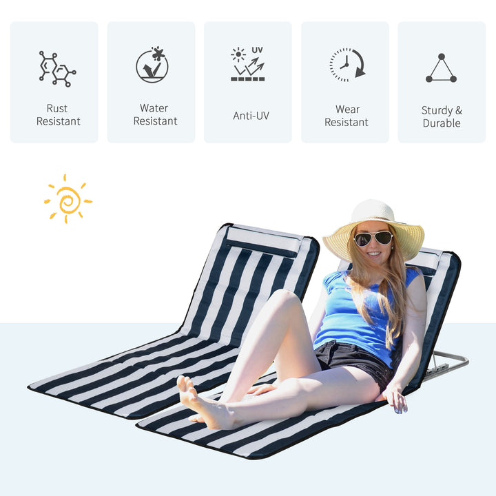 MCL Set of 2 Foldable Garden Beach Chair Mat Lightweight Outdoor Sun Lounger Seats Adjustable Back Metal Frame PE Fabric Head Pillow w/ Carry Bag, Blue