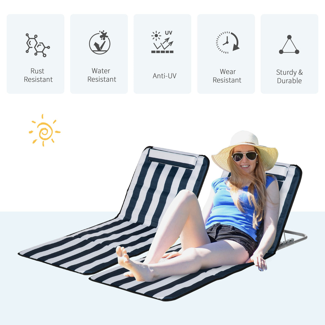 Set of 2 Foldable Garden Beach Chair Mat Lightweight Outdoor Sun Lounger Seats Adjustable Back Metal Frame PE Fabric Head Pillow w/ Carry Bag, Blue