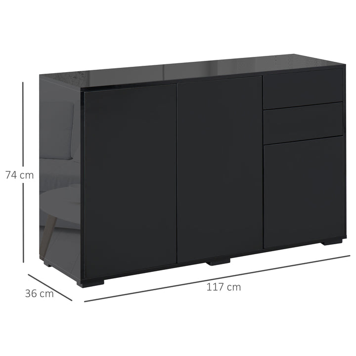 High Gloss Side Cabinet, Push-Open Design with 2 Drawers and 2 Cabinets for Living Room, 74H x 117W x 36Dcm, Black