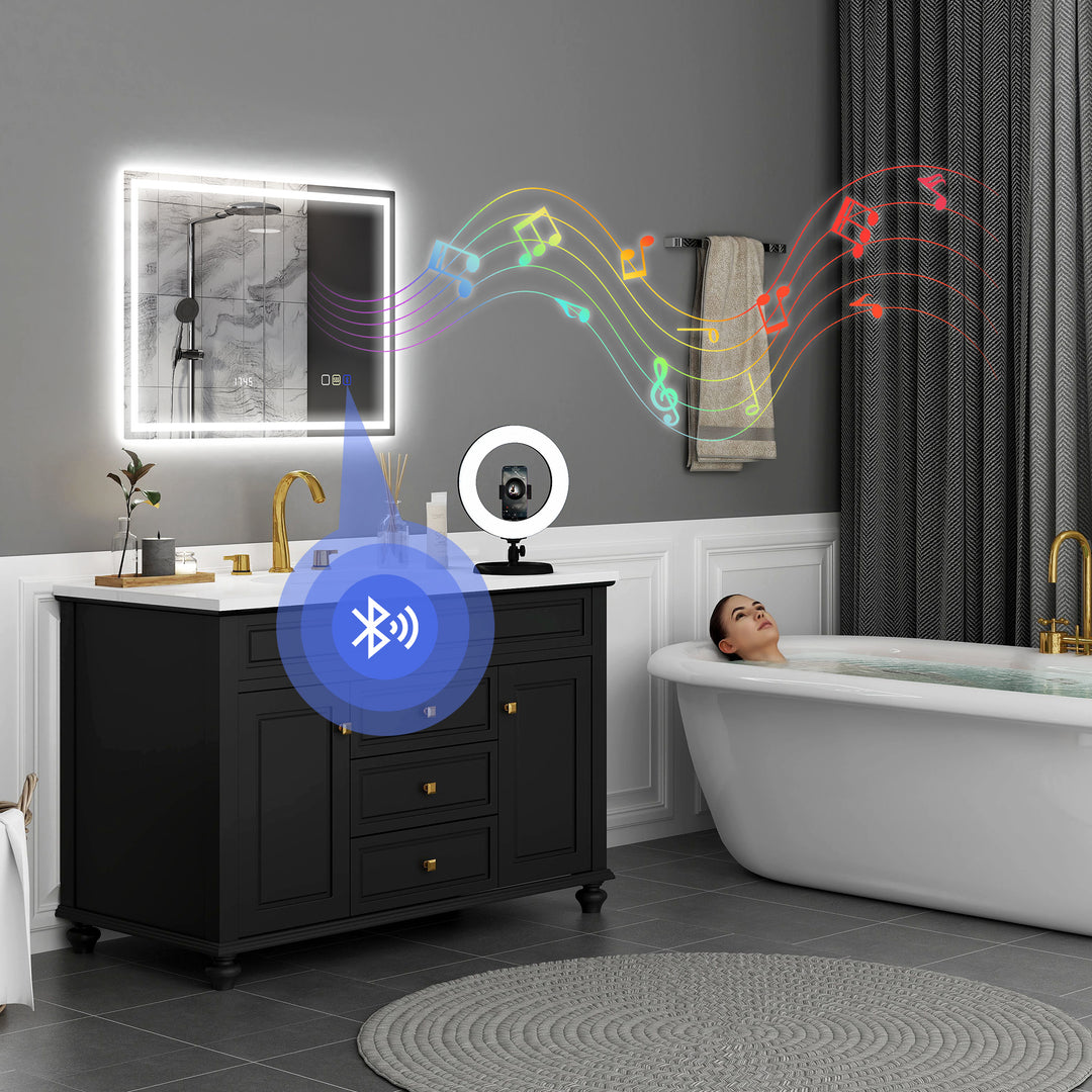 60 x 80 cm Anti-Fog LED Bathroom Mirror, with Bluetooth and Clock - Silver Tone