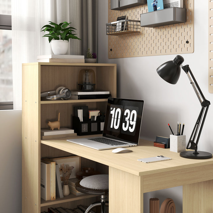 120cm Computer Desk, Wooden PC Laptop Table with 6-Tier Storage Bookshelves, Home Office Working Study Desk, Writing Workstation, Natural Wood
