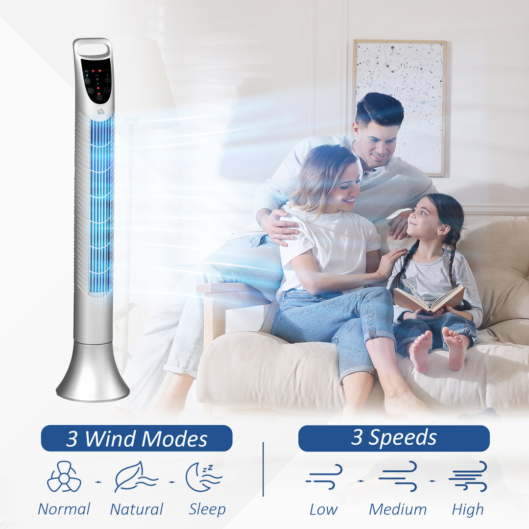 MCL 36'' Freestanding Tower Fan, 3 Speed 3 Mode, 7.5h Timer, 70 Degree Oscillation, LED Panel, 5M Remote Controller, Silver