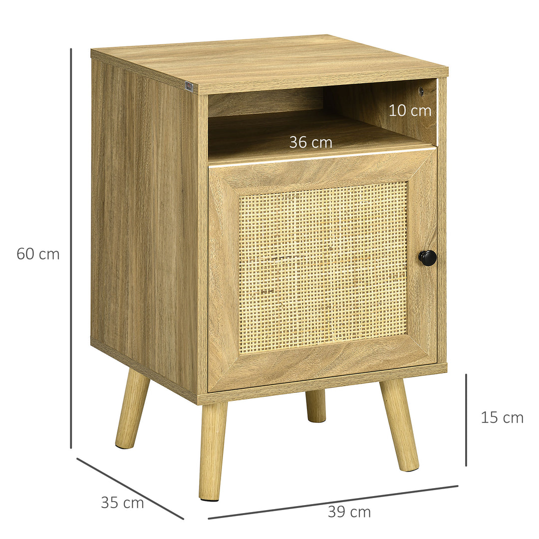 Bedside Table with Rattan Element, Side End Table with Shelf and Cupboard, 39cmx35cmx60cm, Natural