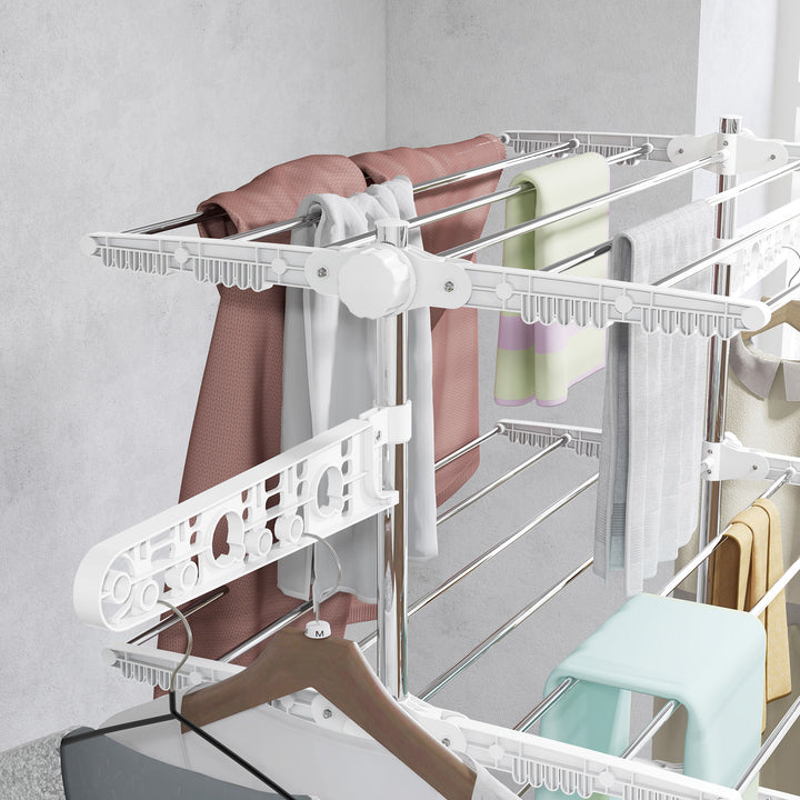 Four-Shelf Collapsing Clothes Horse, With Side Arms and Wheels - White