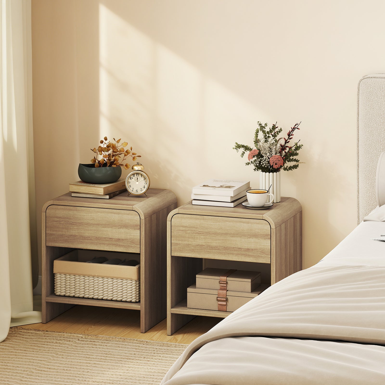 Bedside Tables Set of 2, Nightstands with Rounded Corners, Modern Side